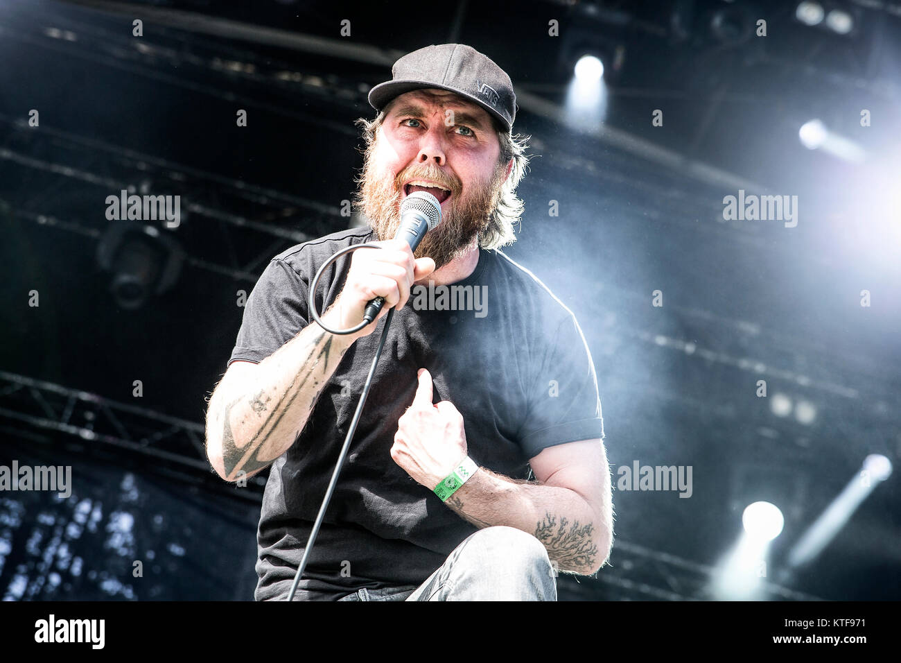 The Norwegian heavy metal band Dunderbeist performs a live concert at the Norwegian music festival Tons of Rock 2015. Here vocalist Torgrim Torve is seen live on stage. Norway, 20/06 2015. Stock Photo