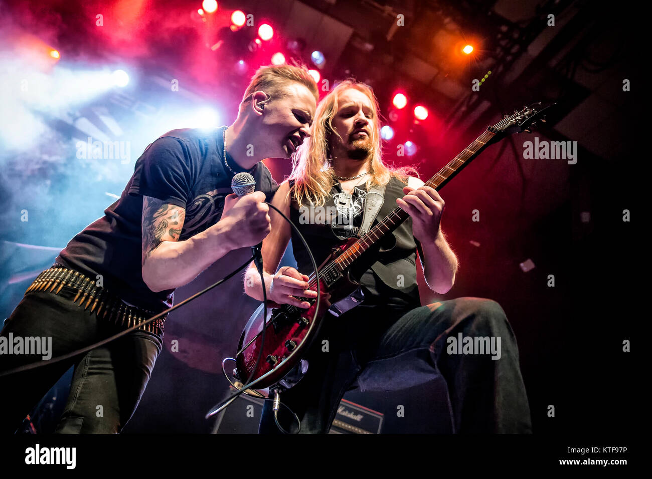 The Swedish hard rock Eclipse performs a live concert at Rockefeller in Oslo. Here vocalist Erik Mårtensson is seen live on stage with guitarist Magnus Henriksson. Norway, 31/01 2014. Stock Photo