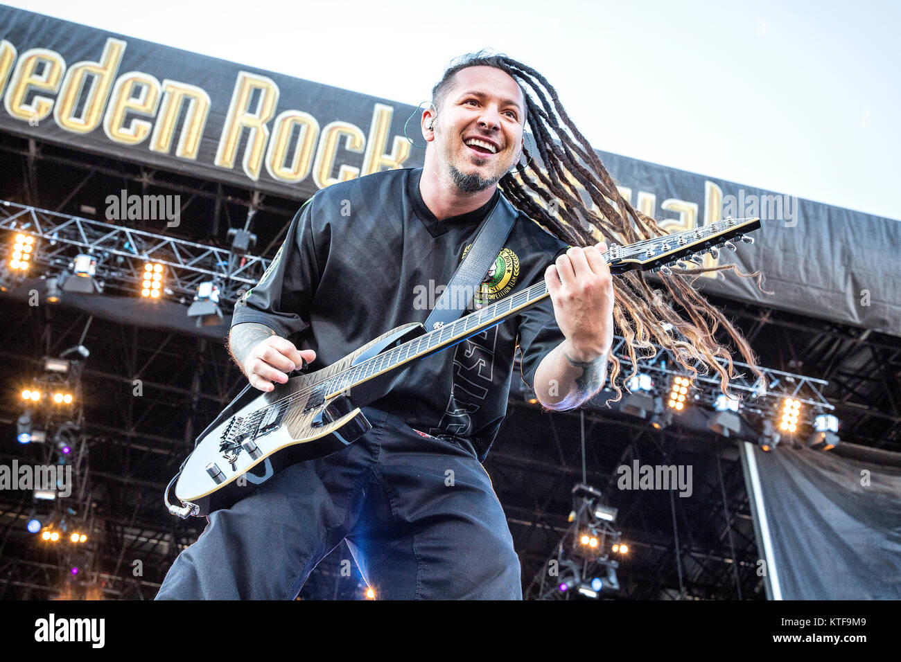 Five Finger Death Punch, the American heavy band, performs a live concert at the Swedish music festival Sweden Rock Festival 2015. Here musician Zoltan Bathory on guitar is seen live on stage. Sweden, 06/06 2015. Stock Photo