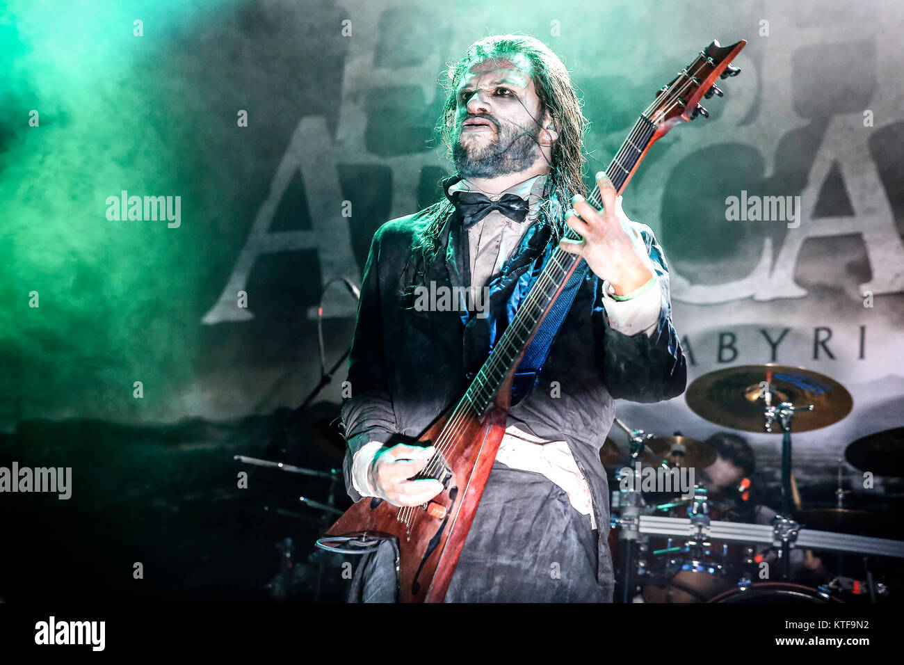 The Italian death metal band Fleshgod Apocalypse performs a live concert at the Norwegian music festival Tons of Rock 2015. Here guitarist Cristiano Trionfera is seen live on stage. Norway, 20/06 2015. Stock Photo