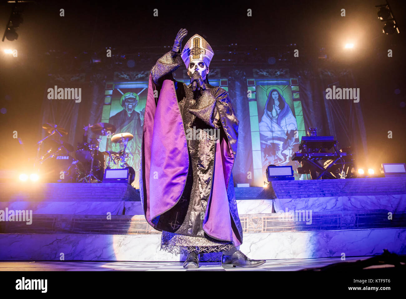 The Swedish doom metal band Ghost performs a live concert at Oslo Stock