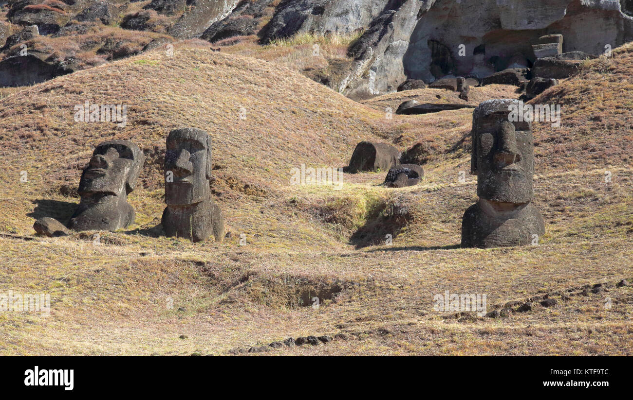 stone heads at the ancient carving site of rano raraku on easter island