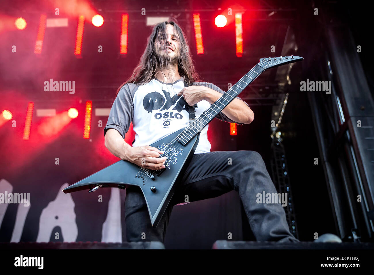The French death metal band Gojira performs a live concert at the Norwegian music festival Øyafestivalen 2014. Here guitarist Christian Andreu is seen live on stage. Norway, 08/08 2014. Stock Photo