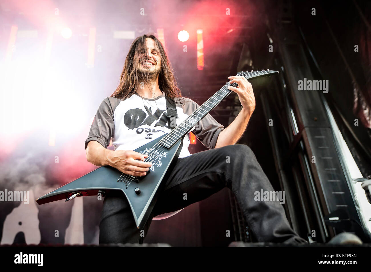 The French death metal band Gojira performs a live concert at the Norwegian music festival Øyafestivalen 2014. Here guitarist Christian Andreu is seen live on stage. Norway, 08/08 2014. Stock Photo