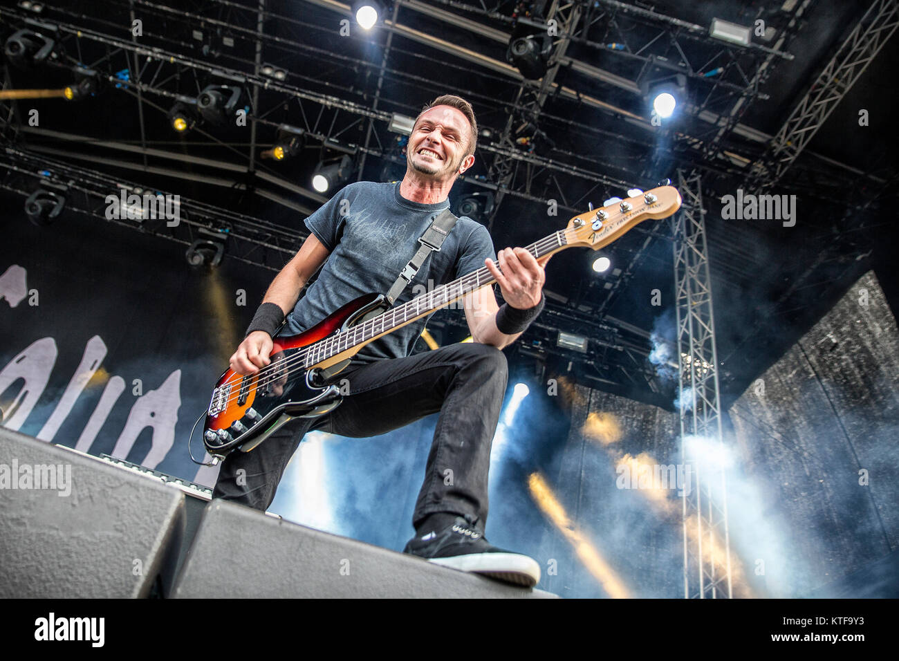 The French death metal band Gojira performs a live concert at the Norwegian  music festival Tons of Rock 2015. Here bass player Jean-Michel Labadie is  seen live on stage. Norway, 19/06 2015