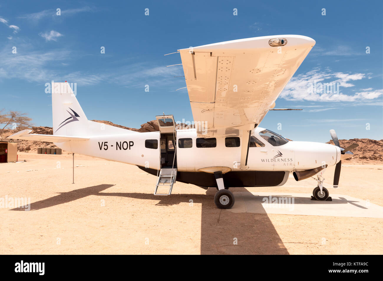 Aircraft parked at Hoanib Skeleton Coast Camp airfield, Namibia. Stock Photo