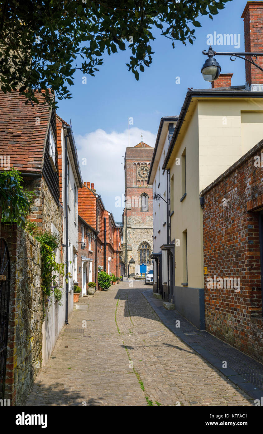 Lombard Street, a quaint, old-fashioned narrow cobbled alley, Petworth town centre, a small town and antiques centre in West Sussex, southeast England Stock Photo