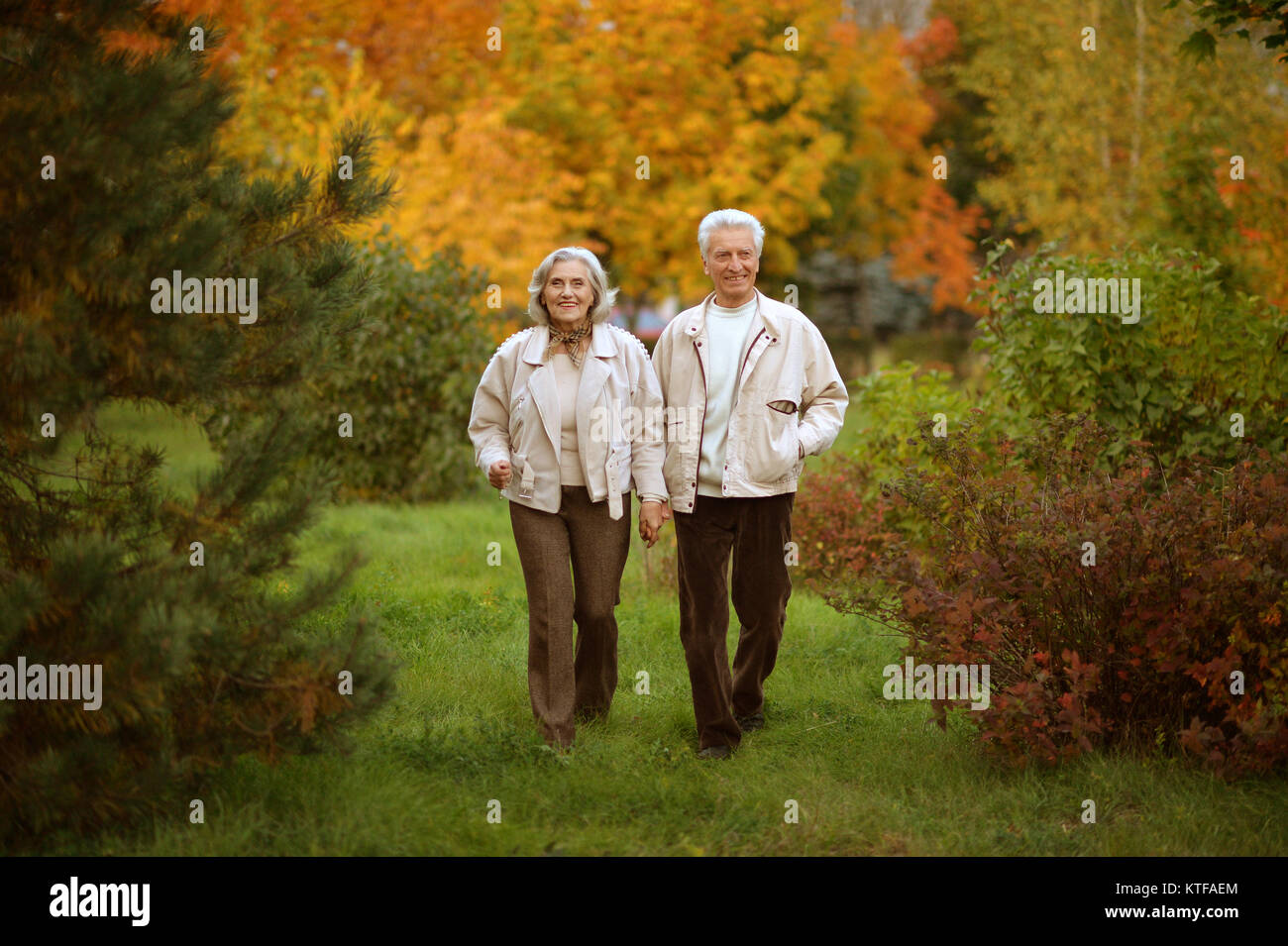 portrait of beautiful caucasian senior couple walking in the park Stock ...