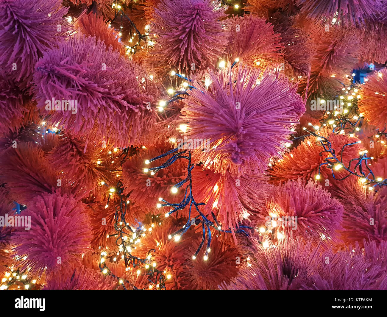 Christmas tree. Garlands on the furtree closeup. Red and purple