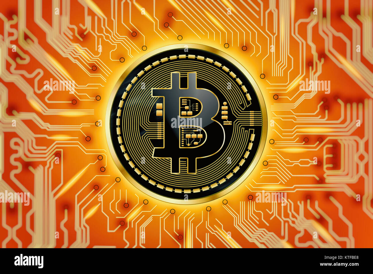 Circuit Board And Bitcoin Cryptocurrency Coin Over Red And Orange Stock Photo Alamy