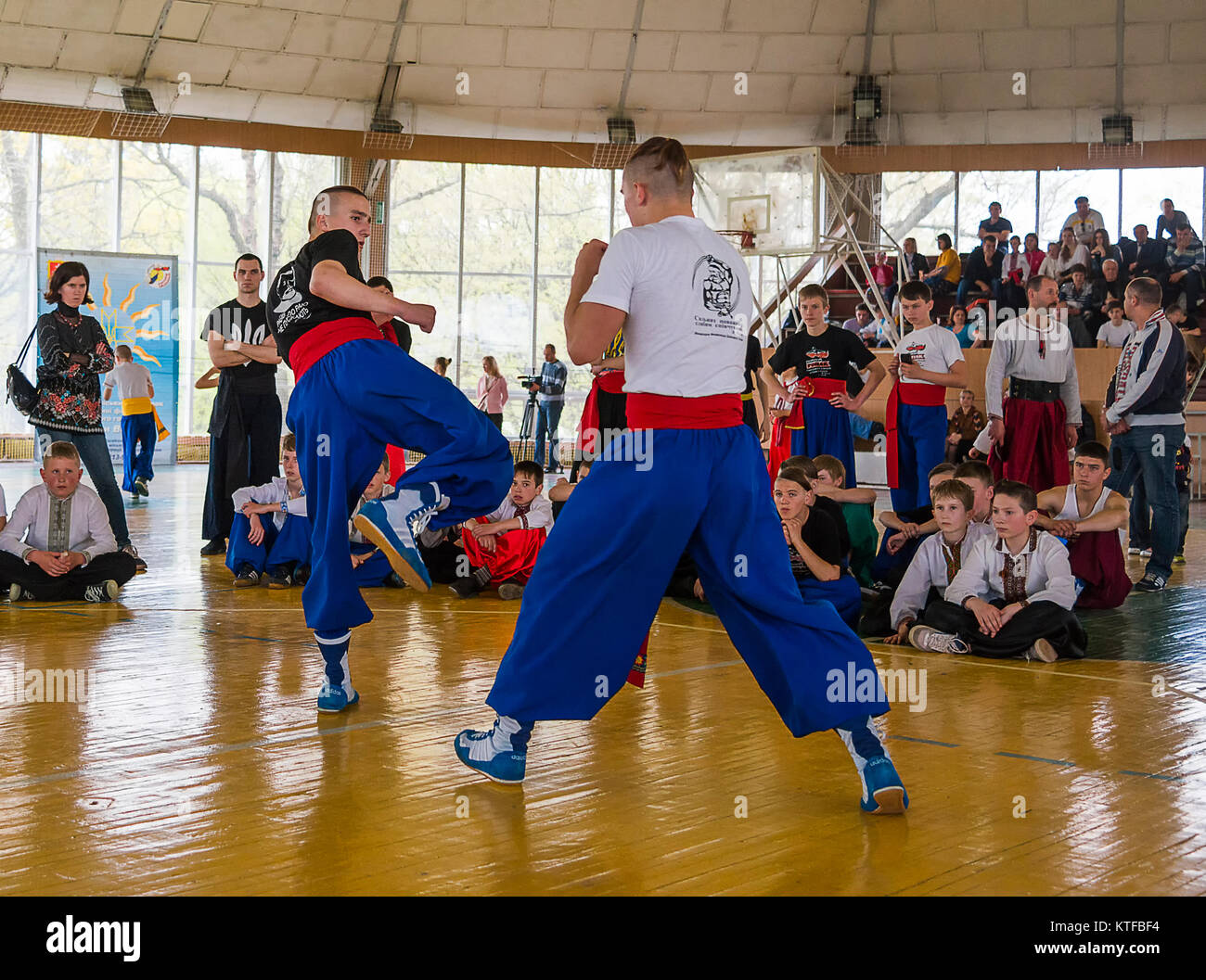 Lviv, Ukraine - April 25.2015: Competitors in the martial arts to perform in the gym in the city park in Lviv, Ukraine Stock Photo