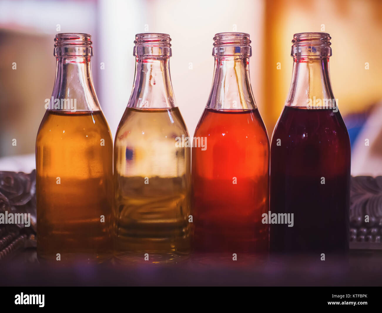 Group of colorful little liquor bottles in the restaurant Stock Photo