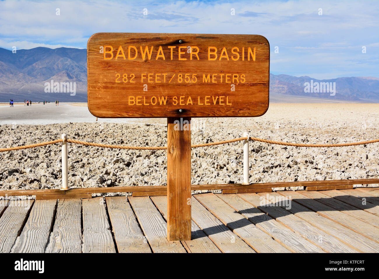 Death Valley National Park, California, USA - November 23, 2017.  Wooden sign Badwater Basin in the Death Valley National Park in USA, at elevation of Stock Photo