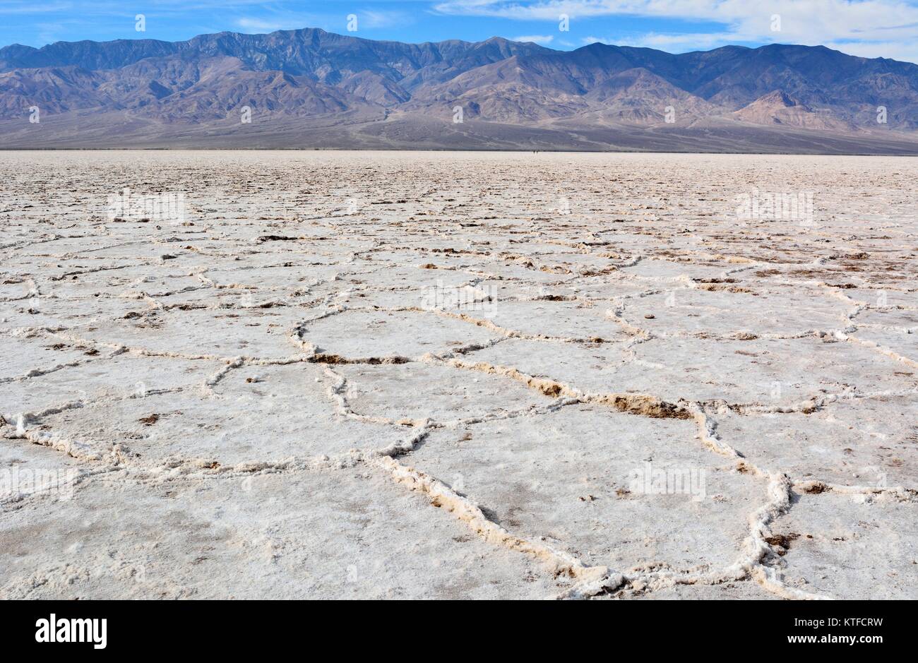 Crinkly salt flats of constantly evaporating bed of salty, mineralized water at the Badwater Basin in the Death Valley National Park in USA. Stock Photo