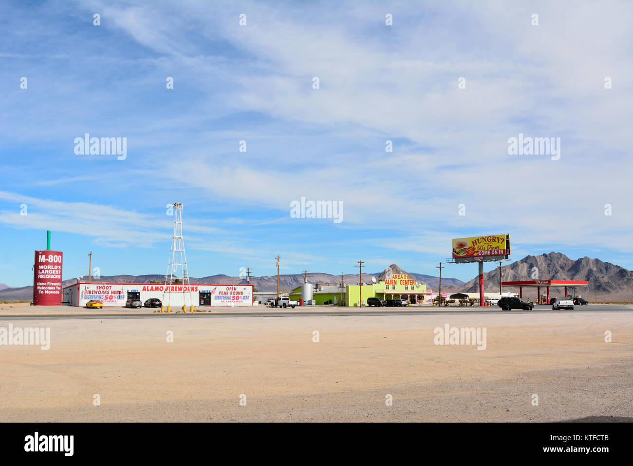 Amargosa Valley, Nevada, United States of America - November 24, 2017. Desert truck stop in Amargosa Valley with Area 51 Alien Center, commercial prop Stock Photo