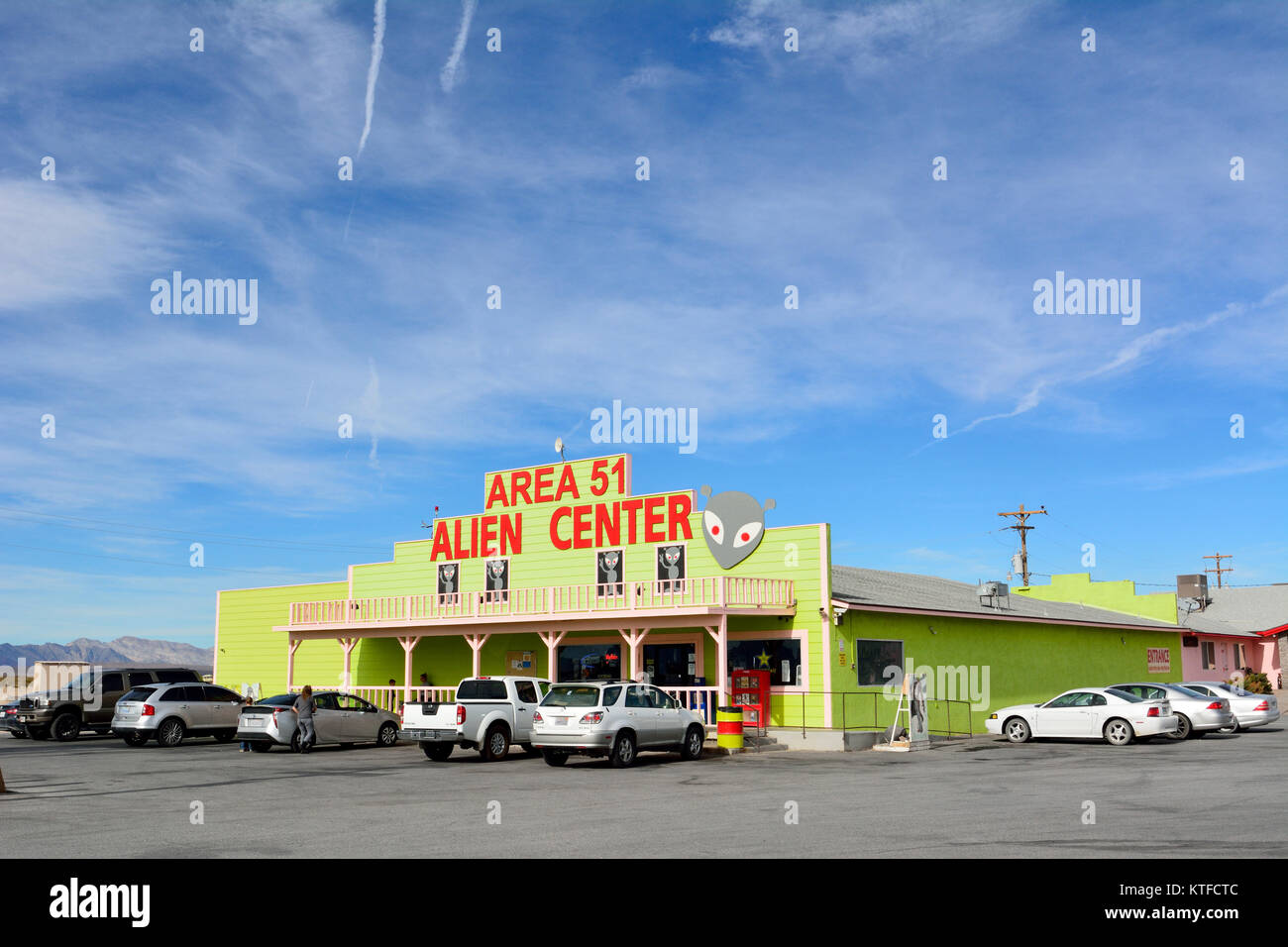 Amargosa Valley, Nevada, United States of America - November 24, 2017. Exterior view of Area 51 Alien Center in Amargosa Valley, with cars. Stock Photo