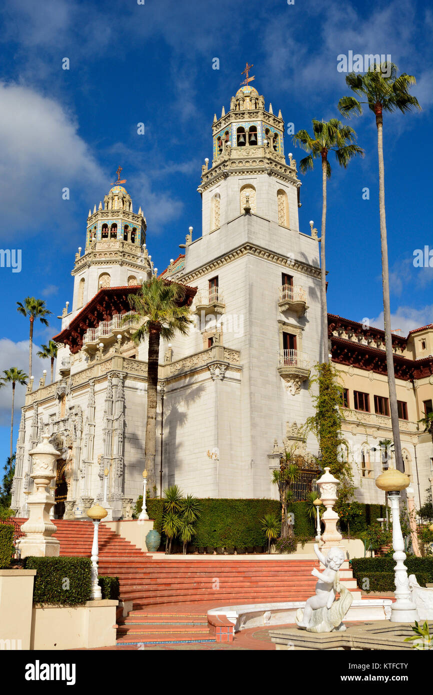 San Simeon, California, United States of America - November 27, 2017. Hearst Castle in San Simeon, CA, with statues and palm trees. Stock Photo