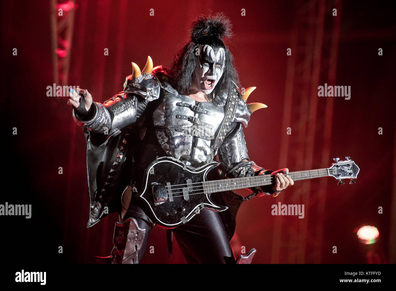 The American rock band Kiss performs a live concert at the Swedish music festival Sweden Rock Festival 2013. Here vocalist and singer Gene Simmons is seen live on stage. Sweden, 06/06 2013. Stock Photo
