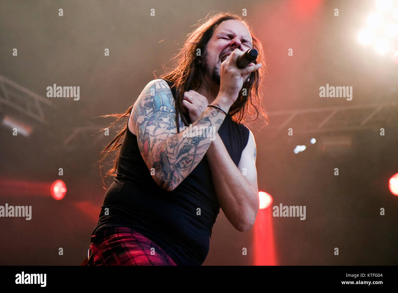 The American heavy metal band Korn (stylized KoЯn) performs a live concert at Youngstorget in Oslo. Here lead singer Jonathan Davis is seen live on stage. Norway, 16/06 2011. Stock Photo