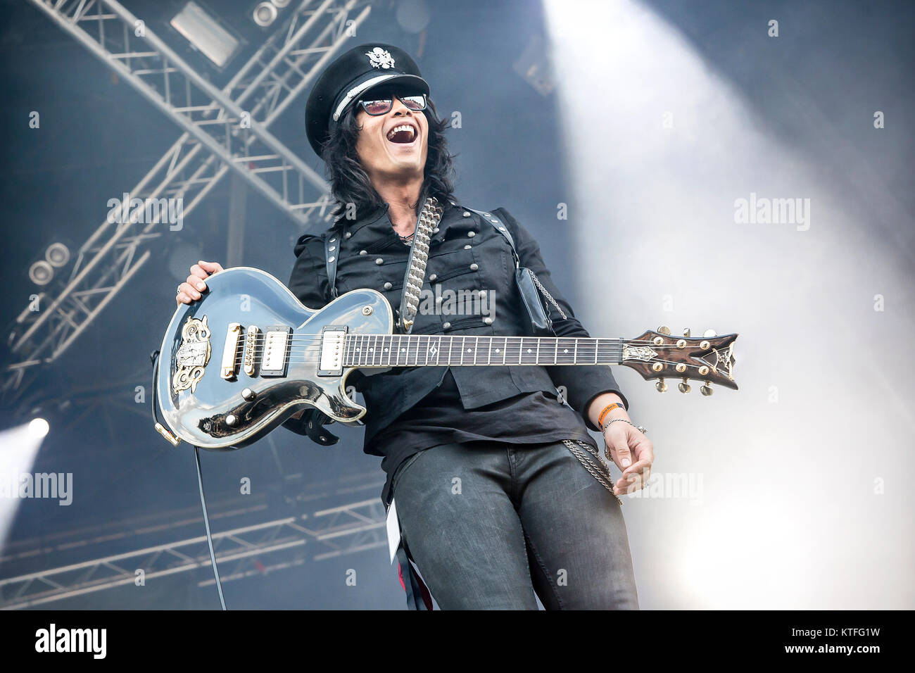 The American hard rock band L.A. Guns performs a live concert at the Sweden Rock Festival 2016. Here guitarist Michael Grant is seen live on stage. Sweden, 09/06 2016. Stock Photo