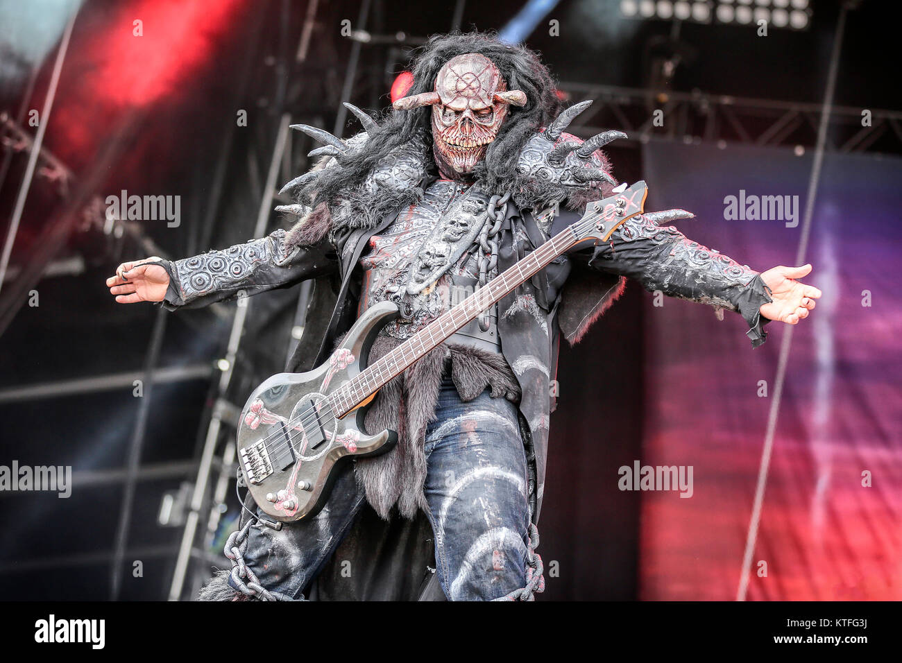 The Finnish hard rock band Lordi performs a live concert at the Swedish music festival Sweden Rock Festival 2016. Here bass player OX is seen live on stage. Sweden, 09/06 2016. Stock Photo
