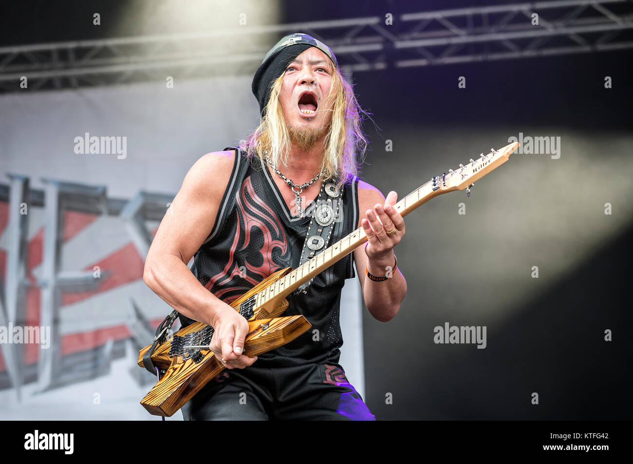 The Japanese heavy metal band Loudness performs a live concert at the Sweden Rock Festival 2016. Here guitarist Akira Takasaki is seen live on stage. Sweden, 10/06 2016. Stock Photo