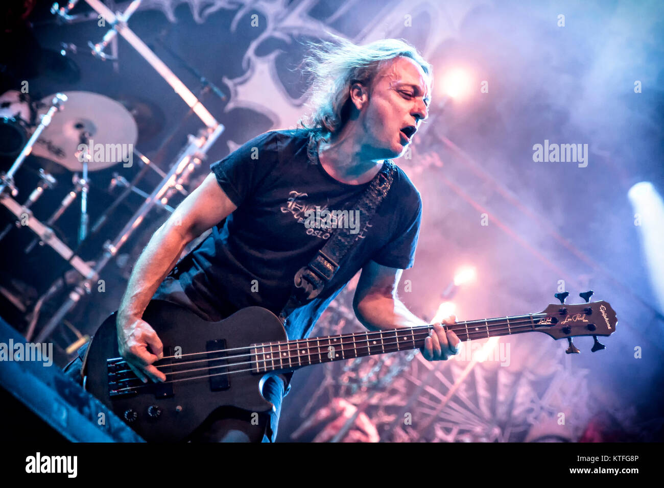 The Norwegian black metal band Mayhem performs a live concert at the Norwegian music festival Øyafestivalen 2014. Here bass player Necrobutcher is seen live on stage. Norway, 08/08 2014. Stock Photo