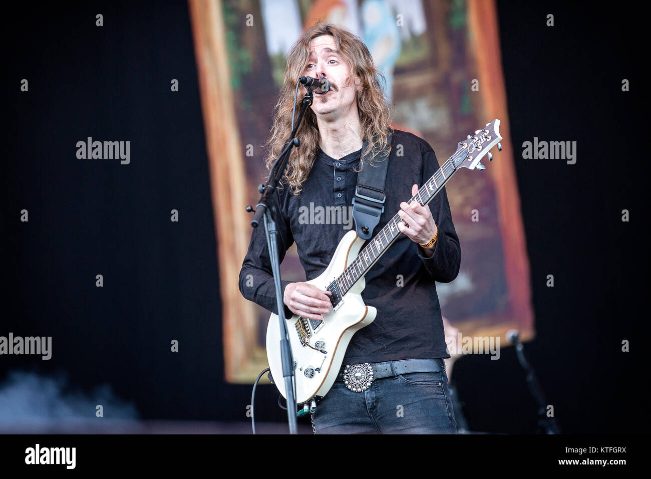 Opeth, the American heavy band, performs a live concert at the Swedish music festival Sweden Rock Festival 2015. Here vocalist and guitarist Mikael Åkerfeldt is seen live on stage. Sweden, 05/06 2015. Stock Photo