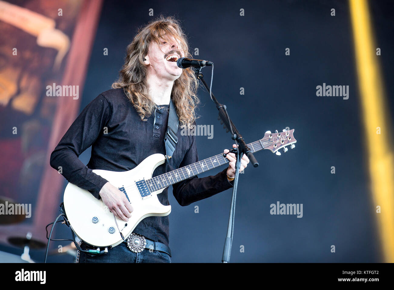 Opeth, the American heavy band, performs a live concert at the Swedish music festival Sweden Rock Festival 2015. Here vocalist and guitarist Mikael Åkerfeldt is seen live on stage. Sweden, 05/06 2015. Stock Photo