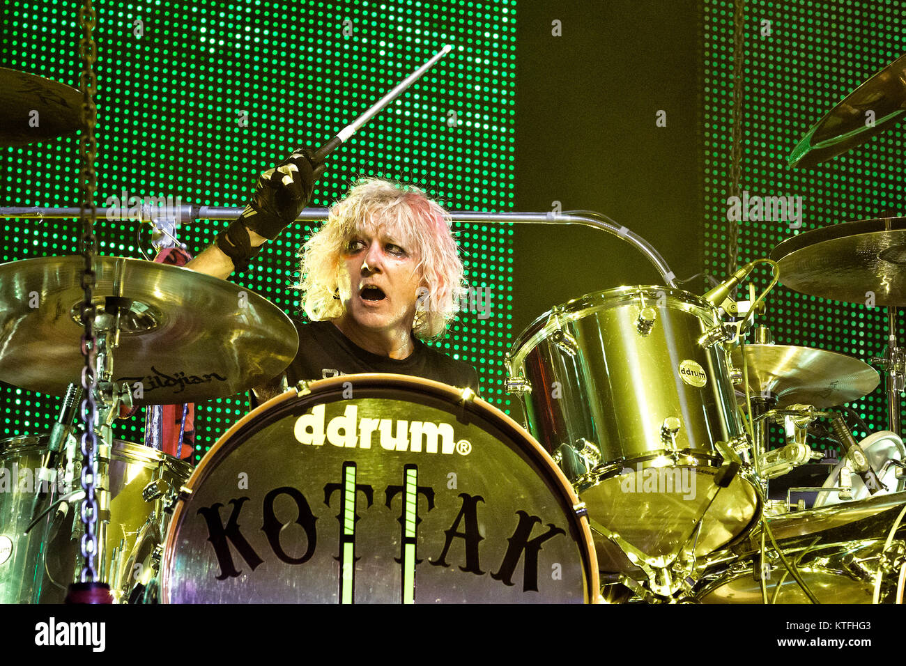 The German rock band Scorpions performs a live concert at Telenor Arena in Oslo. Here musician James Kottak on drums is seen live on stage. Norway, 10/12 2012. Stock Photo