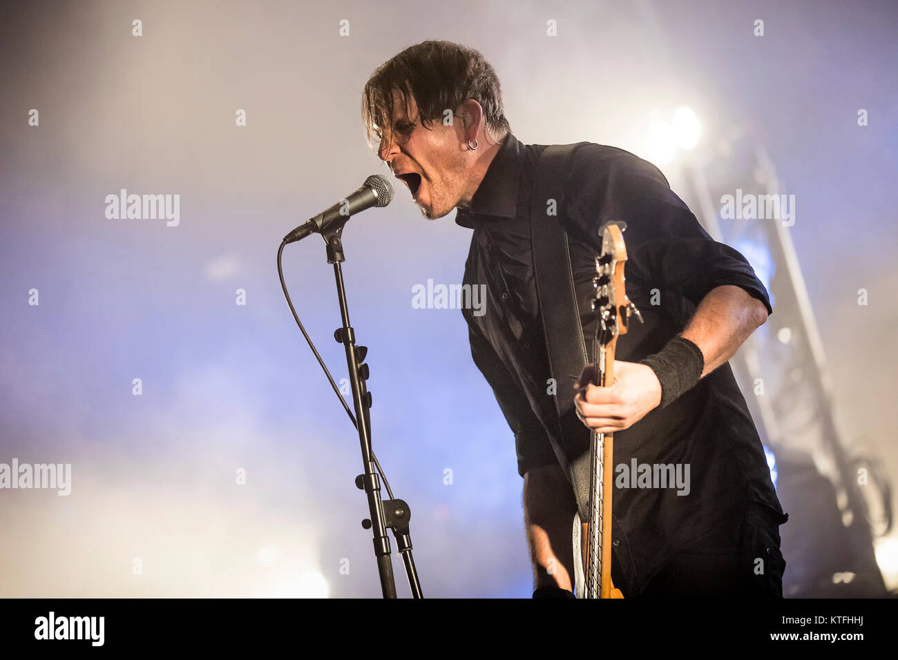 The alternative Norwegian rock band Seigmen (previously known as Klisne Seigmenn) performs a live concert at Sentrum Scene. Here bass player Kim Ljung is seen live on stage. Norway, 30/09 2016. Stock Photo