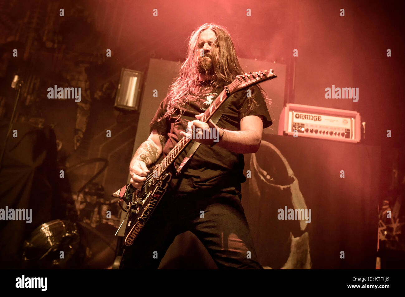 The Brazilian death and thrash metal band Sepultura performs a live concert at Rockefeller in Oslo. Here vocalist guitarist Andreas Kisser is seen live on stage. Denmark, 07/02 2017. Stock Photo