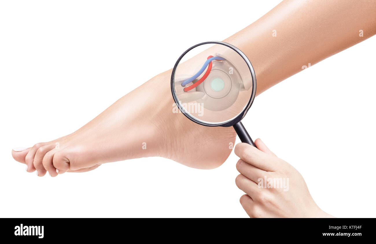 Cyborg in human skin. Mygnifying glass shows robotic detail inside leg. Prosthesis concept. 3d rendering. Stock Photo