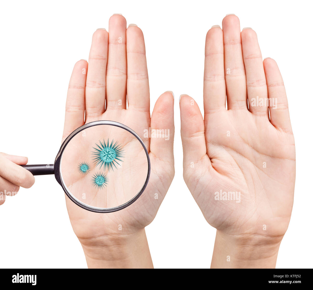 Microbes on humans hand shows by mygnifying glass. Hygiene concept. 3D rendering Stock Photo