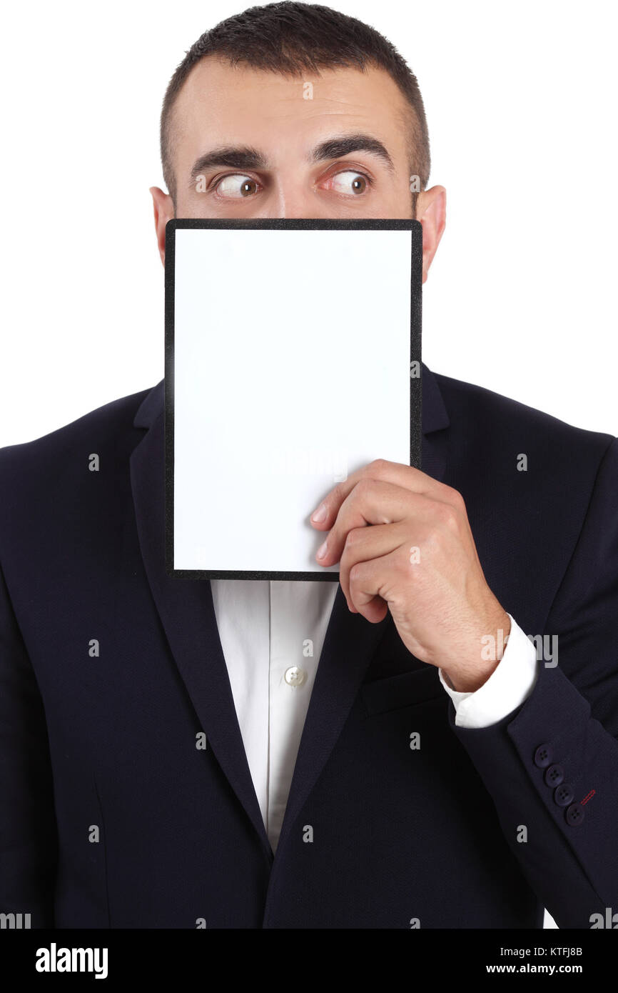 Cheerful businessman with tablet on white background Stock Photo