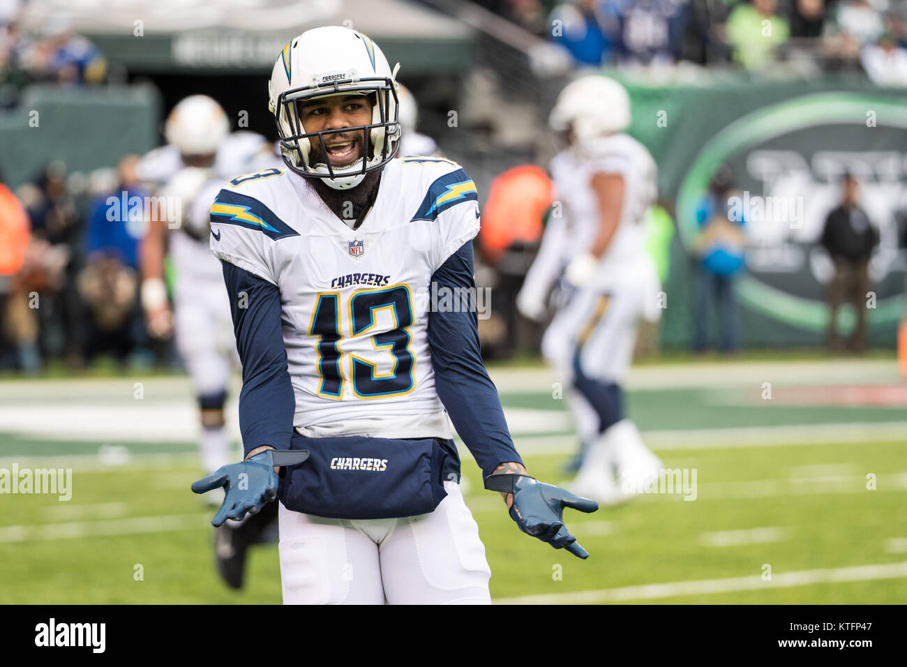 East Rutherford, New Jersey, USA. 24th Dec, 2017. Los Angeles Chargers wide receiver Keenan Allen (13) reacts to not getting a flag during the NFL game between the Los Angeles Chargers and the New York Jets at MetLife Stadium in East Rutherford, New Jersey. Christopher Szagola/CSM/Alamy Live News Stock Photo
