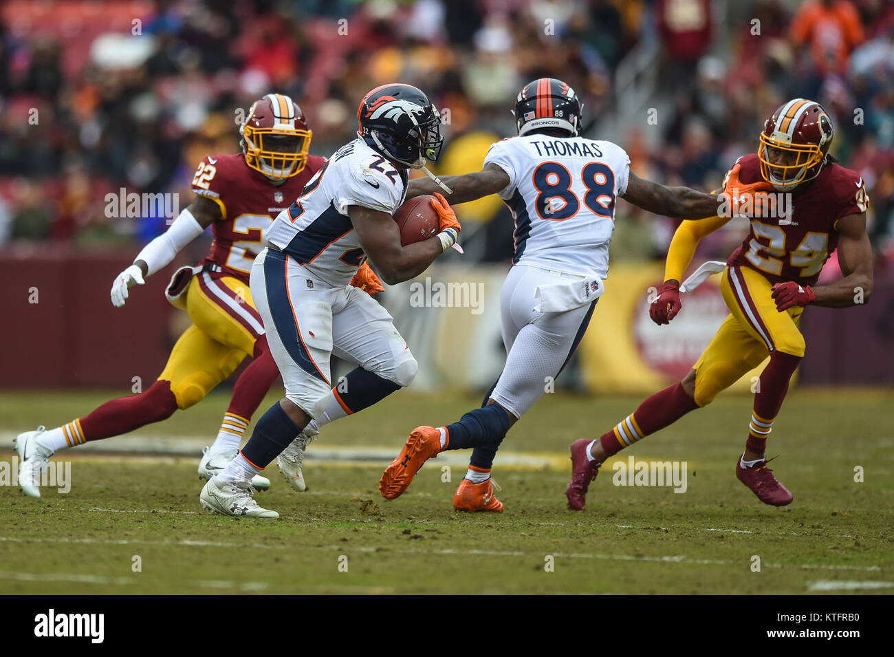 Landover, MD, USA. 24th Dec, 2017. Denver Broncos running back C.J. Anderson (22) rushes with the ball during the season ending home matchup between the Denver Broncos and the Washington Redskins at FedEx Field in Landover, MD. Credit: csm/Alamy Live News Stock Photo