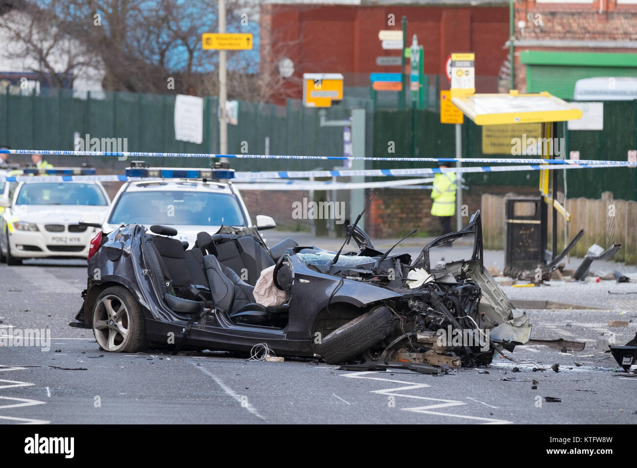 Liverpool, UK. 25 Dec, 2017. A man in his 30s has died after a crash in the early hours of Monday, December 25, 2017. The car was involved in a Police pursuit prior to the crash, which happened at 4:35am on Prescot Road in the Old Swan area of Liverpool. The driver was detained by Police at the scene. The spokesperson for Merseyside Police confirmed that the incident has been referred to the Independent Police Complaints Commission. Credit: Christopher Middleton/Alamy Live News Stock Photo