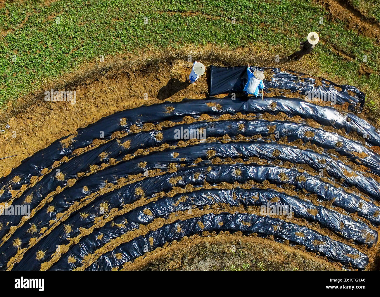 Beijing, China's Hainan Province. 7th May, 2017. Farmers lay mulch plastic film in farmlands at Fanyang Village of Wuzhishan City, south China's Hainan Province, May 7, 2017. From the news spot to daily life, we can see ourselves differently through the special view by drones of Xinhua reporters. Credit: Shen Hong/Xinhua/Alamy Live News Stock Photo