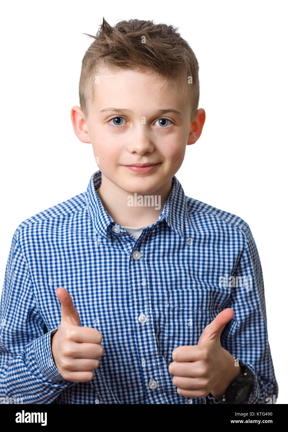 Young caucasian boy doing thumbs up gesture head and shoulder portrait isolated on white background  Model Release: Yes.  Property Release: No. Stock Photo