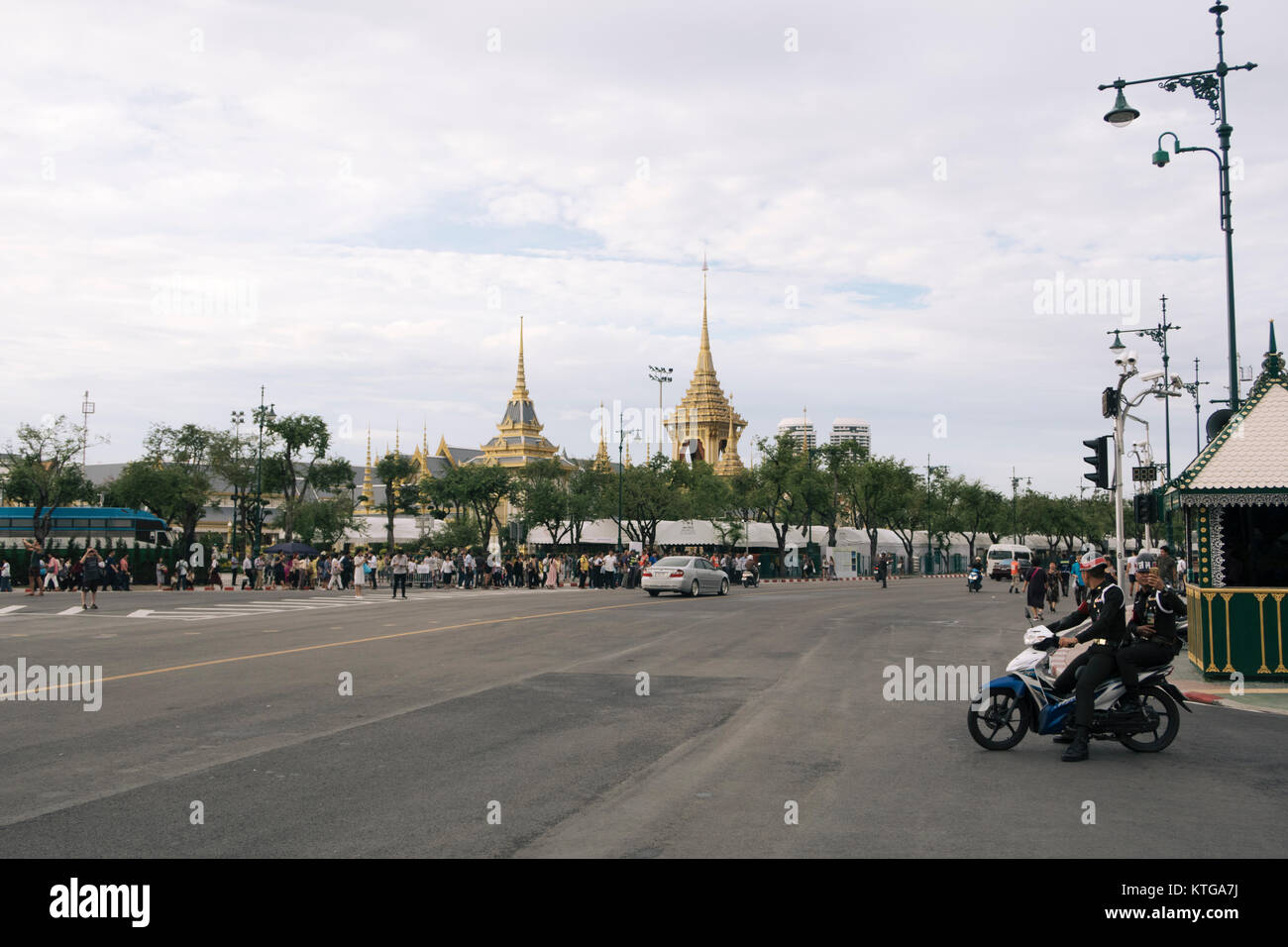 A city view of Bangkok with The Royal Crematorium at Sanam Luang seen from Ratchadamnoen Nai Road. Stock Photo