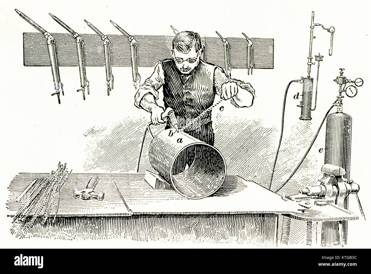 Engraving of a man welding a wrought iron cylinder. Stock Photo