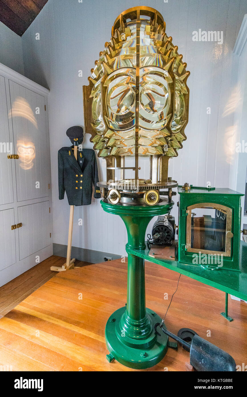 Fresnel lens, Point San Luis Lighthouse. A Fresnel lens is a type of compact lens originally developed by French physicist Augustin-Jean Fresnel for l Stock Photo