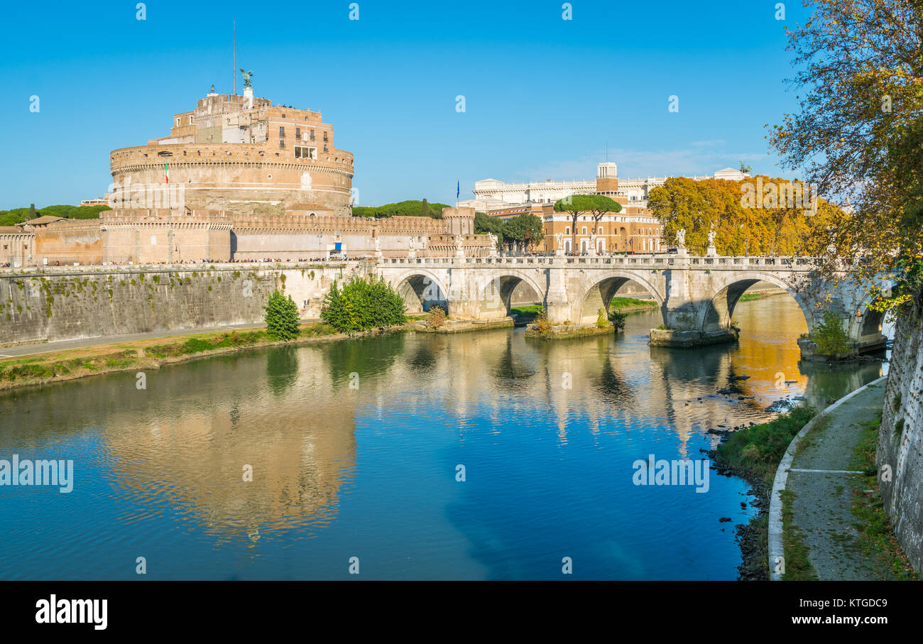 View of the famous Castel Sant'Angelo and the bridge over the Tiber river in Rome, Italy. Stock Photo