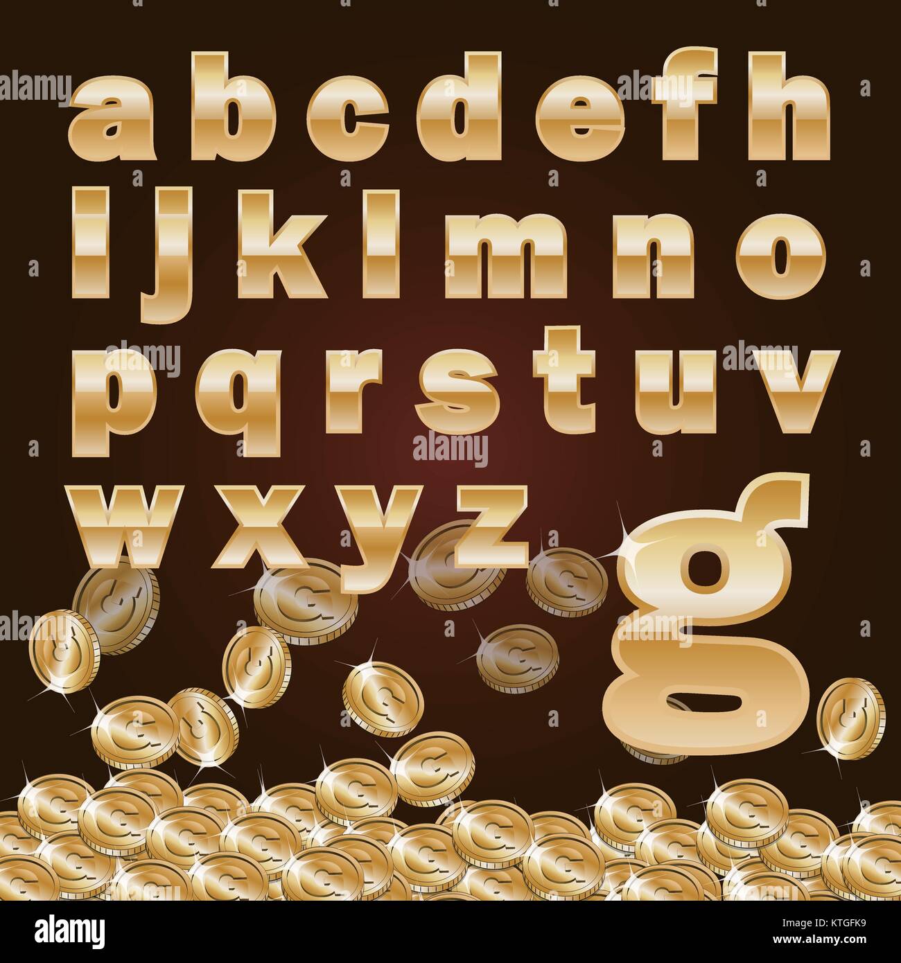 Golden metallic shiny letters and coins isolated on dark background