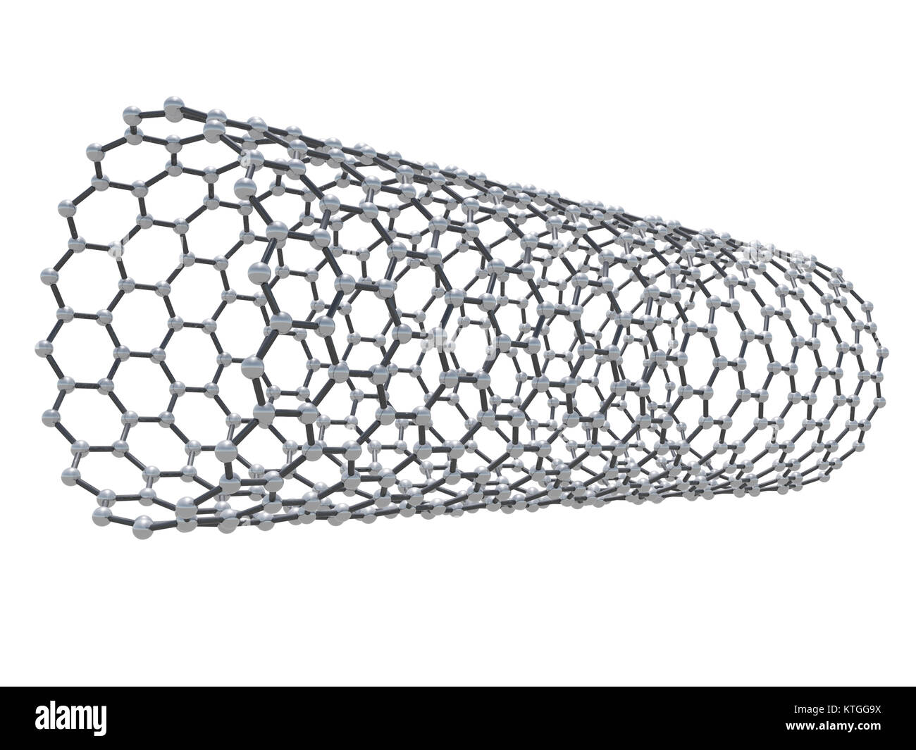 Carbon nanotubes molecule structure, atoms in wrapped hexagonal lattice isolated on white background, 3d illustration Stock Photo