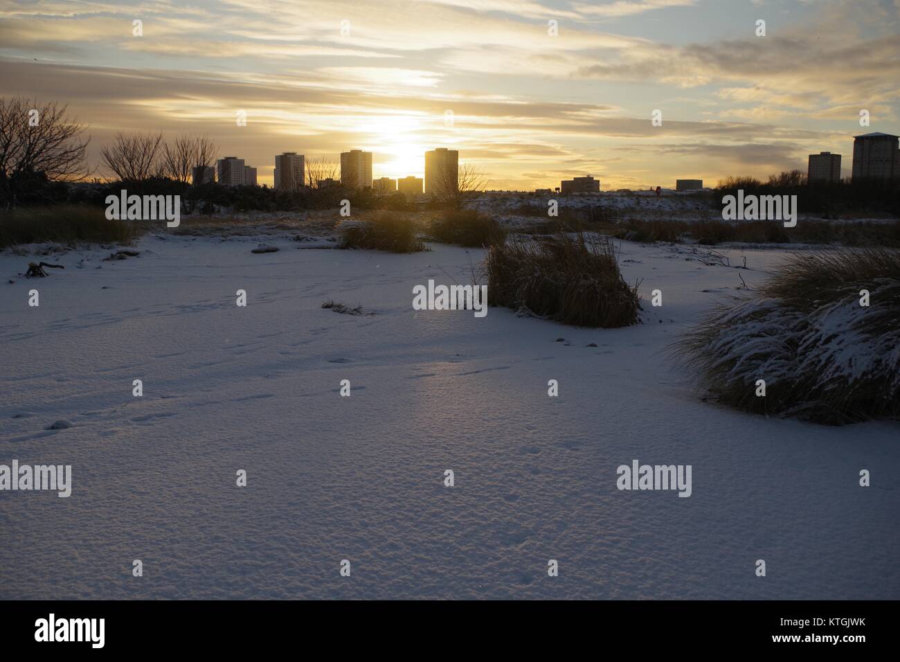 Seaton Crescent Tower Block Flats at Sunset on a Cold Snowy December