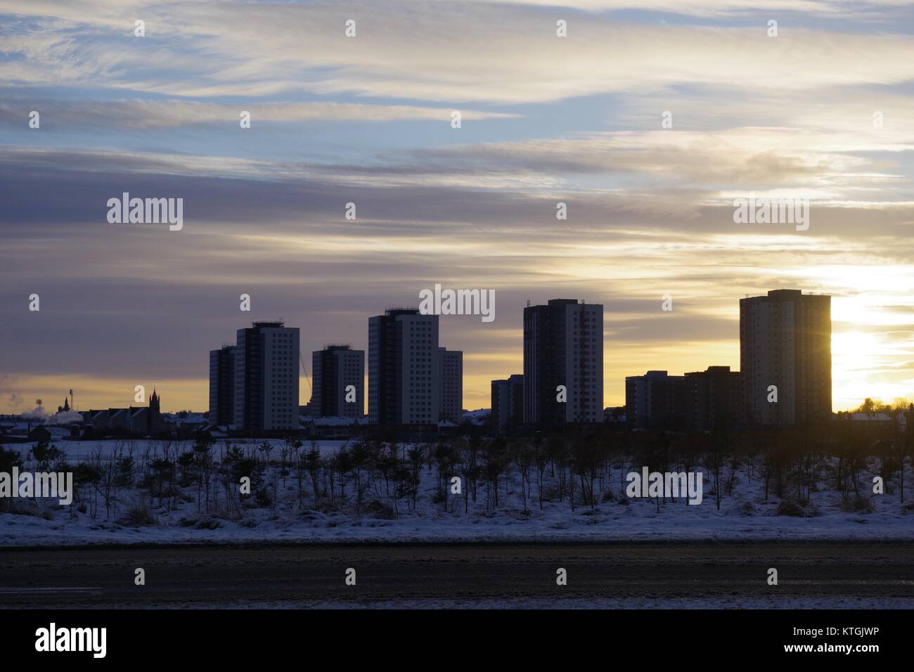 Seaton Crescent Tower Block Flats at Sunset on a Cold Snowy December