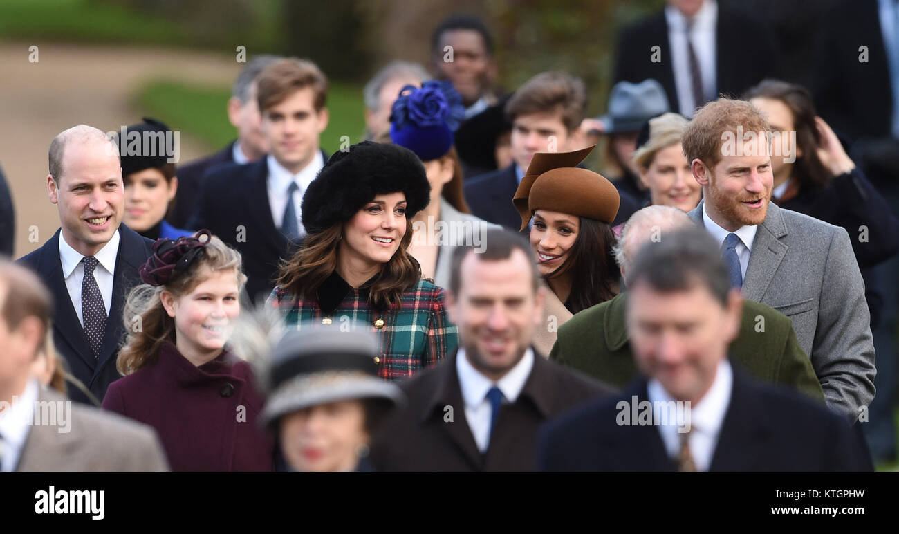 (Left-right centre) The Duke and Duchess of Cambridge, Meghan Markle and Prince Harry arriving to attend the Christmas Day morning church service at St Mary Magdalene Church in Sandringham, Norfolk. Stock Photo