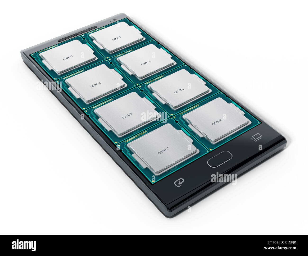 Eight microprocessor cores on smartphone. 3D illustration. Stock Photo